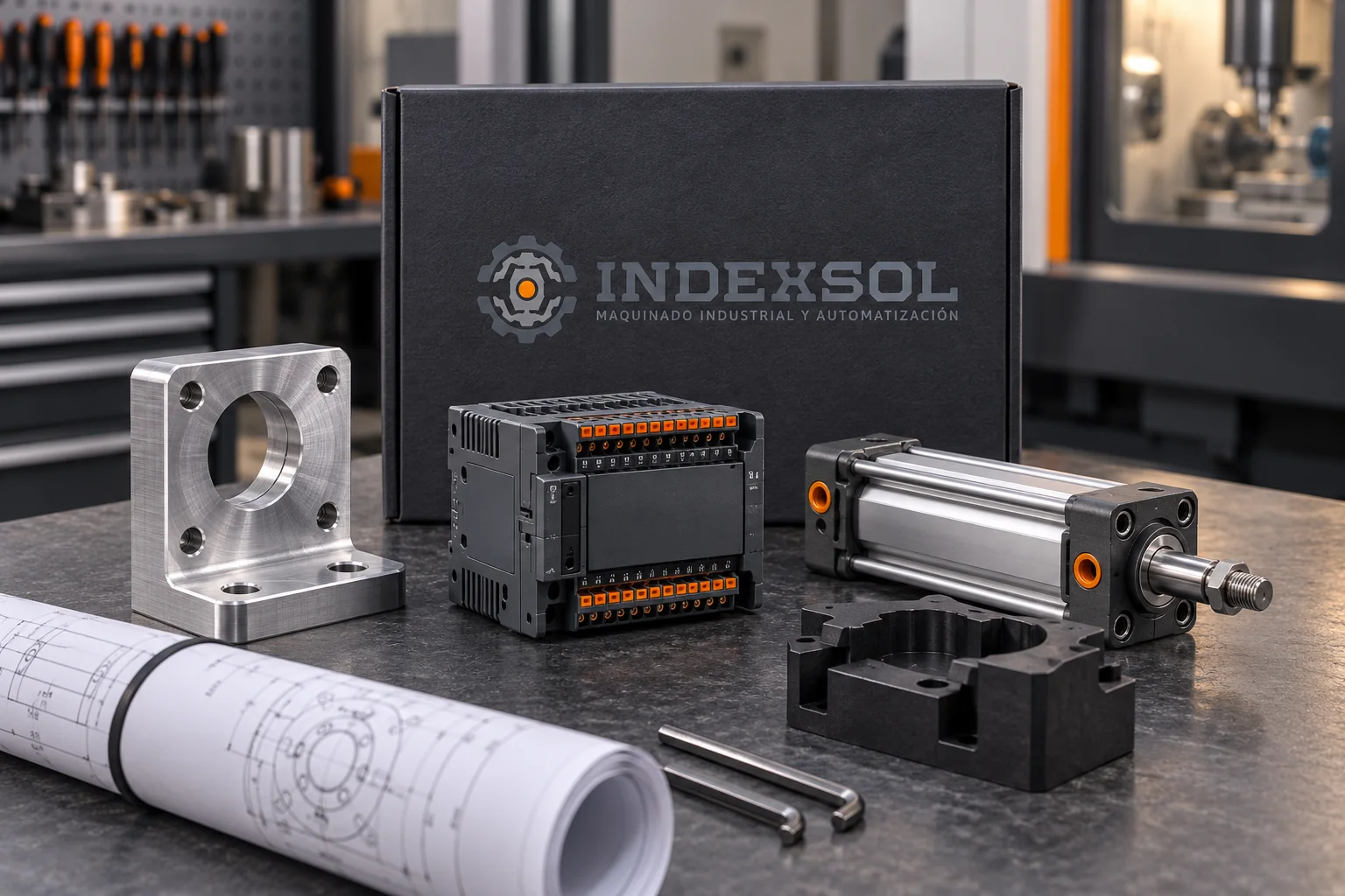 Mockup de componentes de ingeniería, control y manufactura organizados para un proyecto