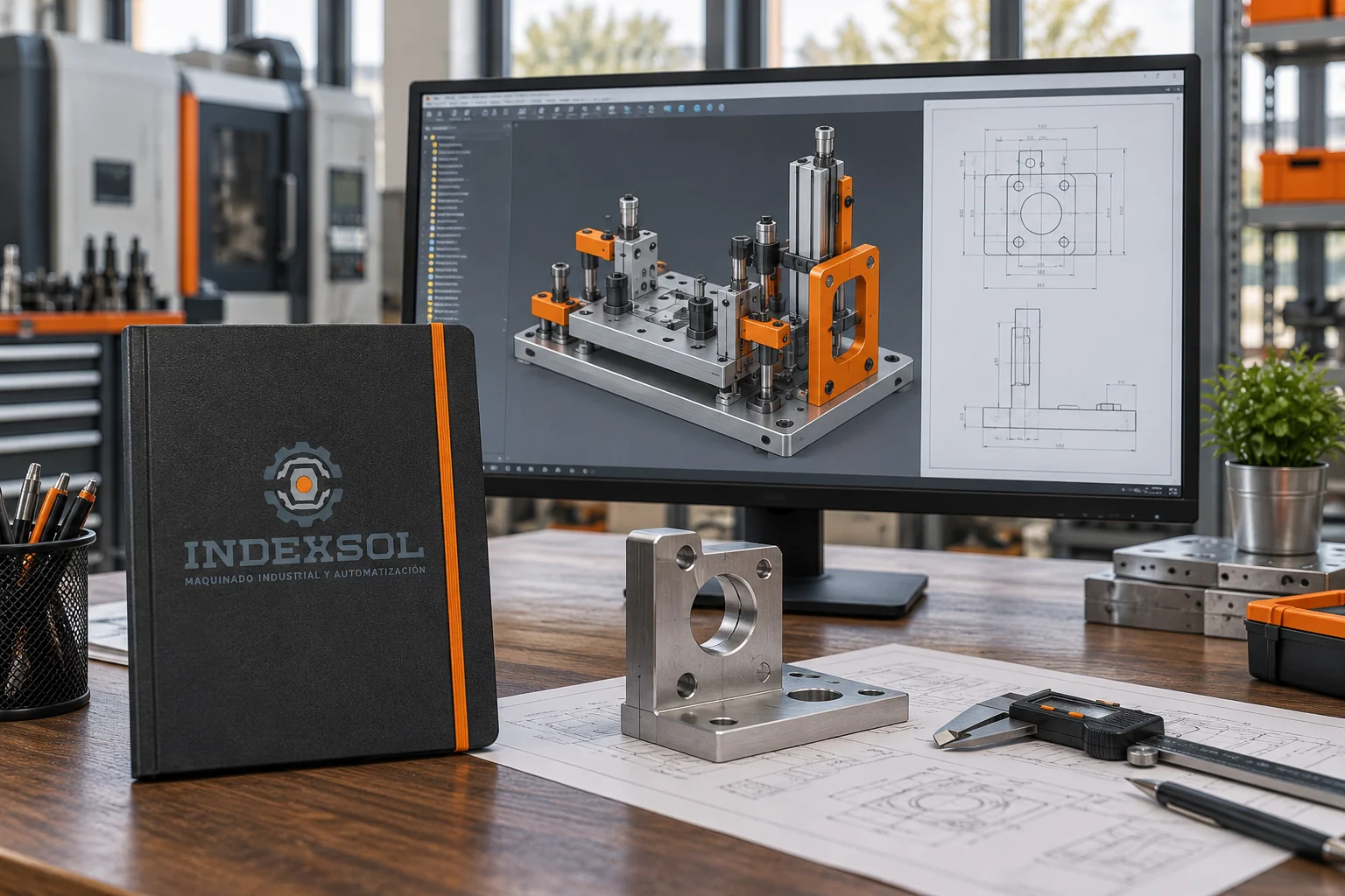 Mockup de diseño mecánico CAD con modelo de fixture y componente físico