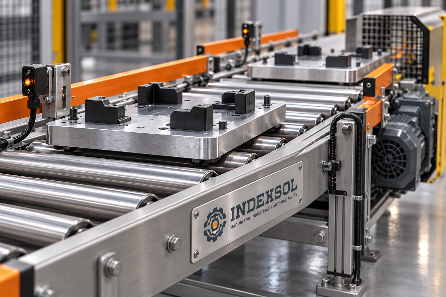 Mockup de conveyor industrial de transferencia con sensores y guías