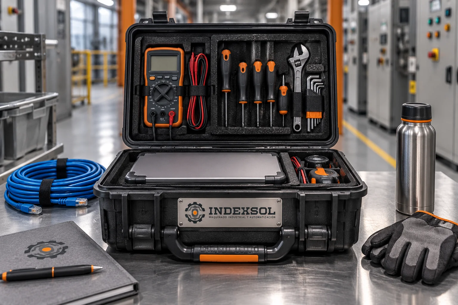 Mockup de maleta organizada con herramientas para servicio industrial