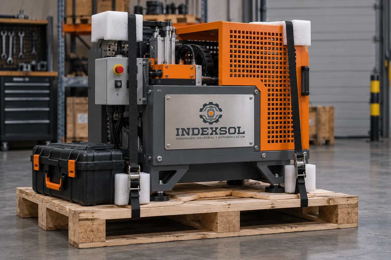 Mockup de equipo industrial protegido y preparado para entrega