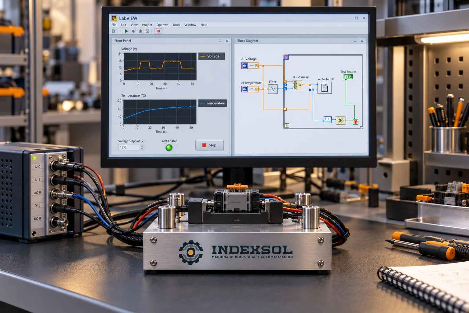 Mockup de banco de pruebas con adquisición de datos y una interfaz ilustrativa de LabVIEW
