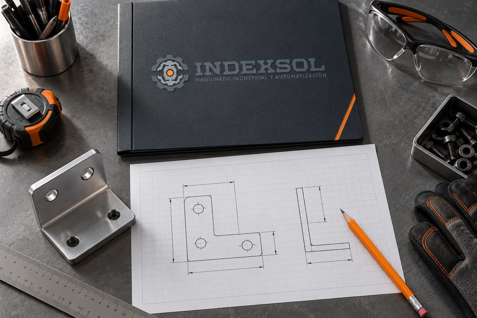 Mockup de preparación de una solicitud industrial con plano y pieza de referencia